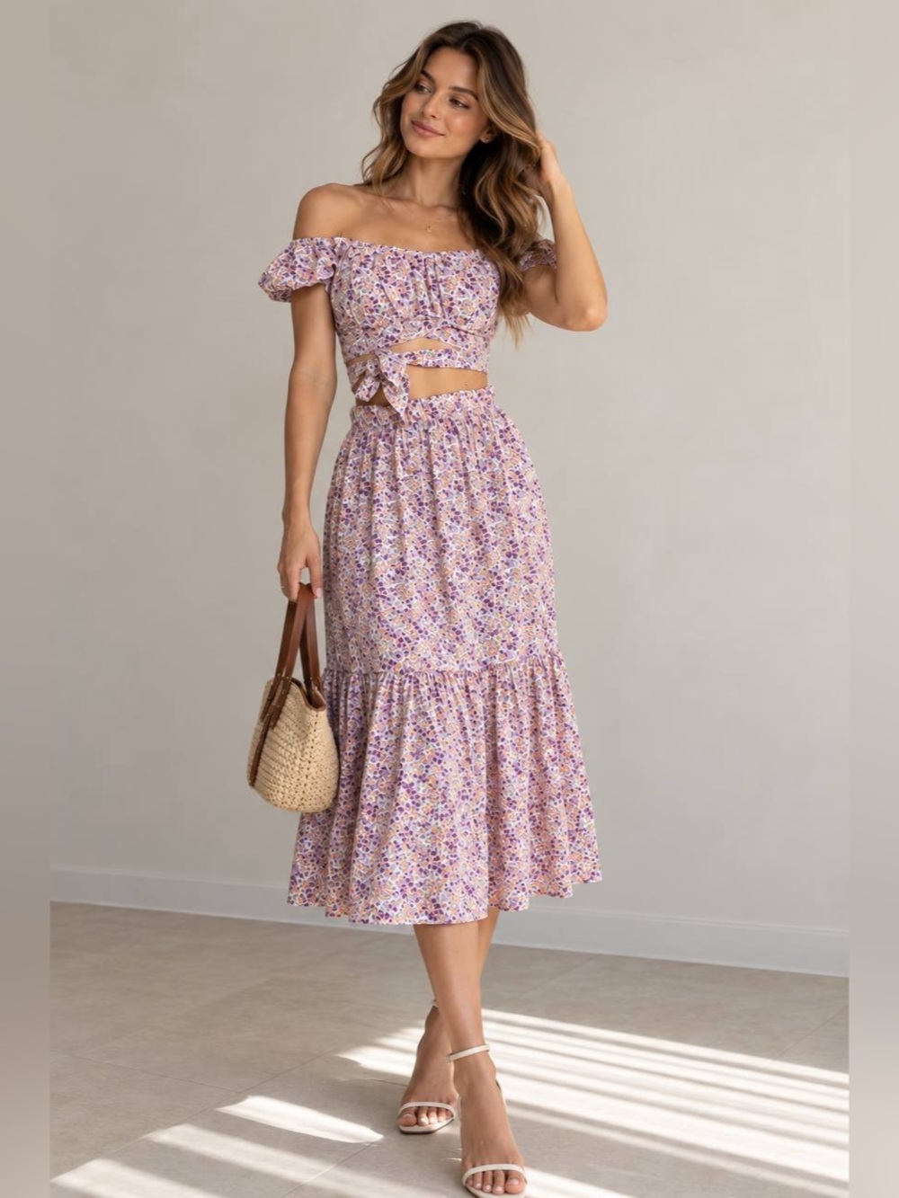 Floral Midi Dress in Purple & Pink Like New